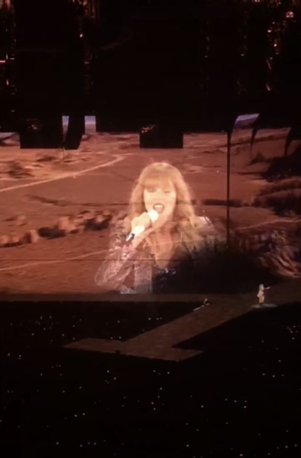 Taylor Swift performs for a large crowd while on tour for her album, “Reputation”.  