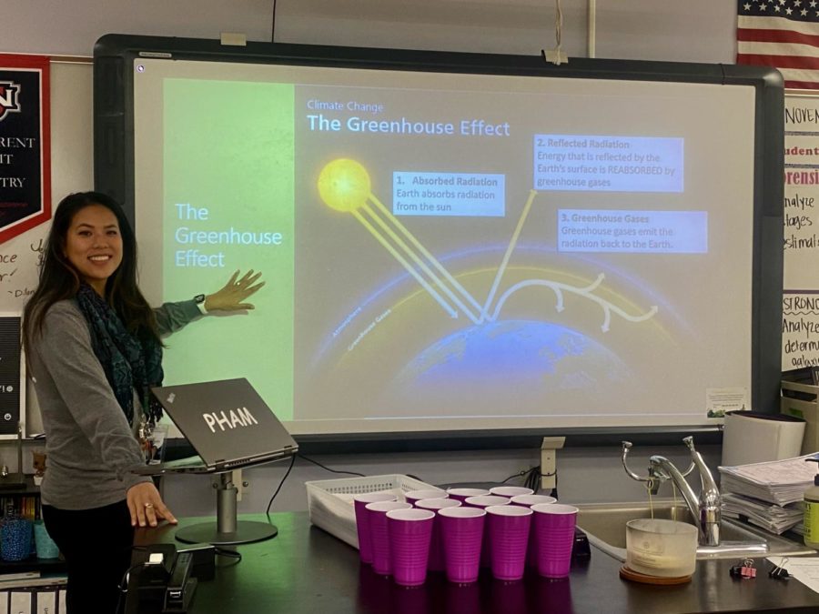 Science teacher Sally Pham presents a slide about the Greenhouse Effect to students learning about climate change.