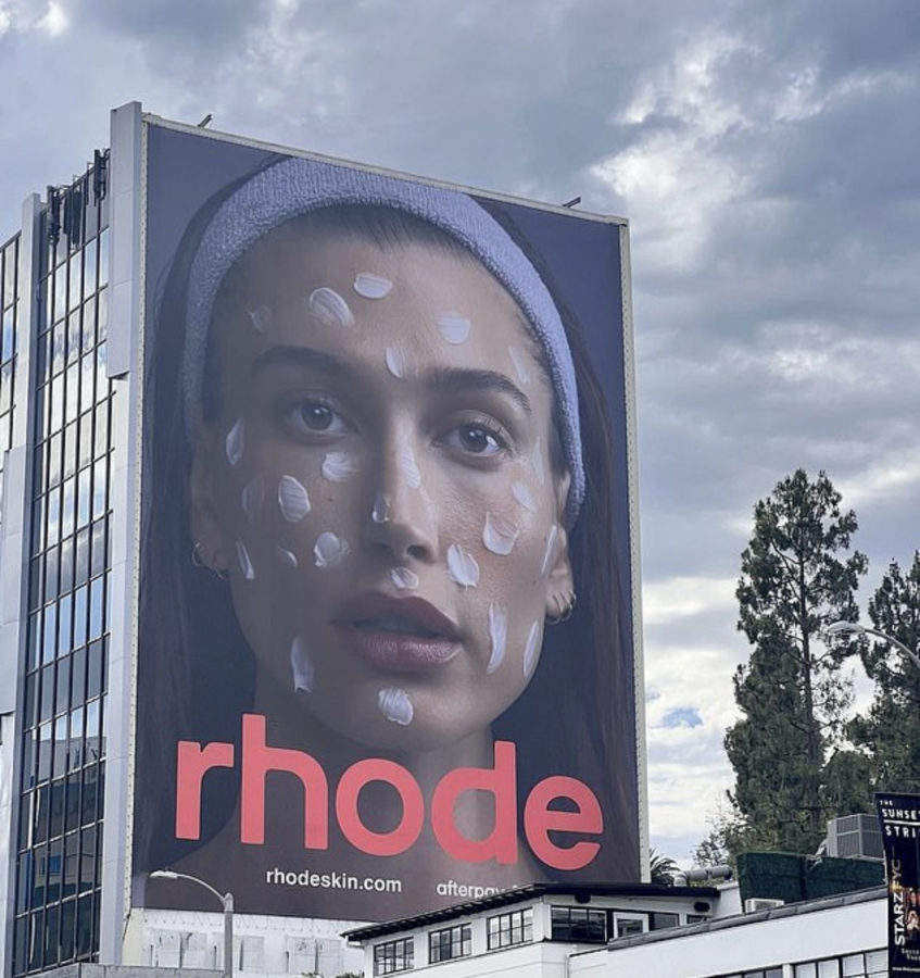 Advertisement for Hailey Bieber’s skincare line can be seen on this billboard in Los Angeles.