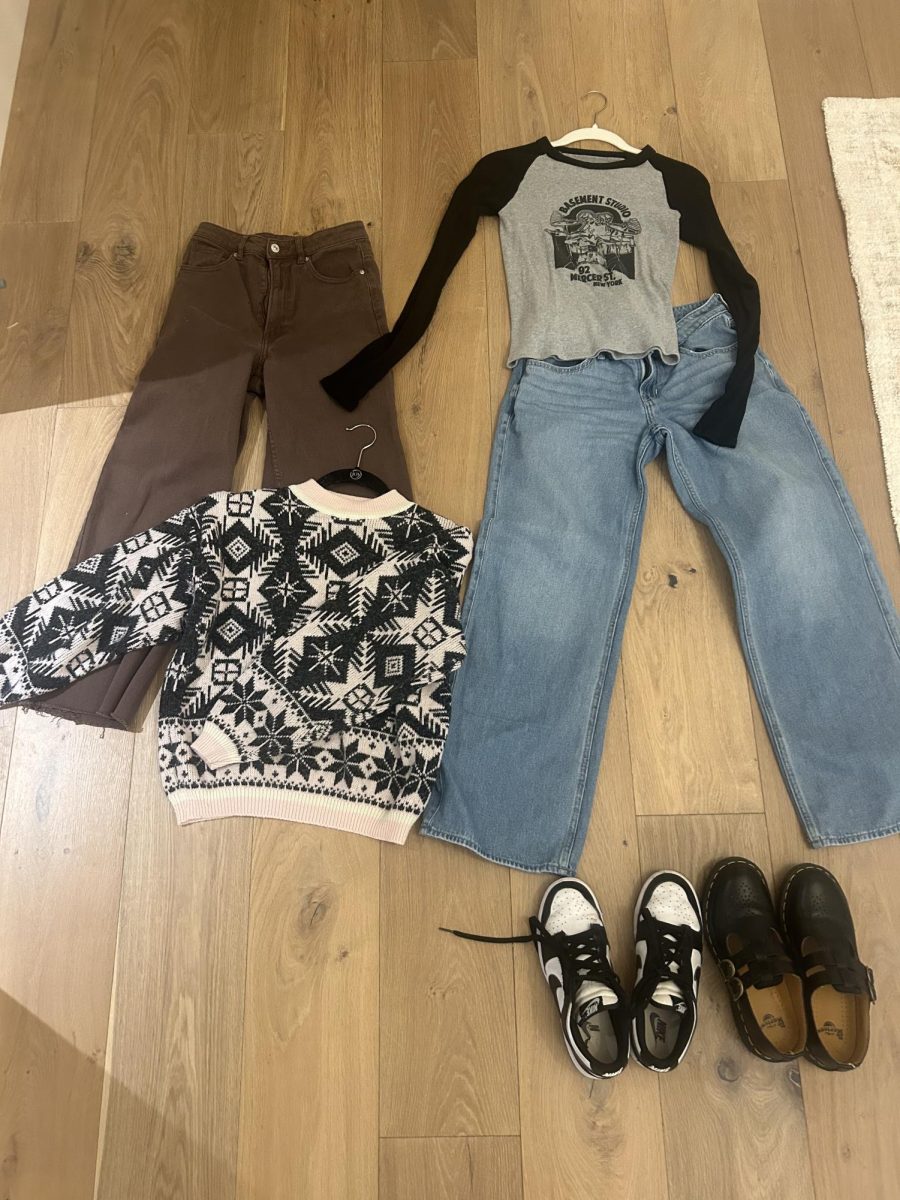 Multiple Eagle High students show snippets of their closets, such as wide leg jeans, low rise and high-rise styles, a thrifted comfy sweater, two popular styles of shoes and a fitted Y2K inspired shirt. All of these make for a great example of a 2023 capsule wardrobe. 