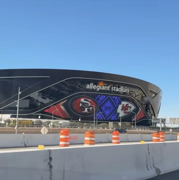 Eagle High alumnus Cody Long drives by Allegiant Stadium in Las Vegas, Nevada. The Kansas City Chiefs and San Francisco 49ers played in the Super Bowl LVIII on Sunday, Feb. 11.