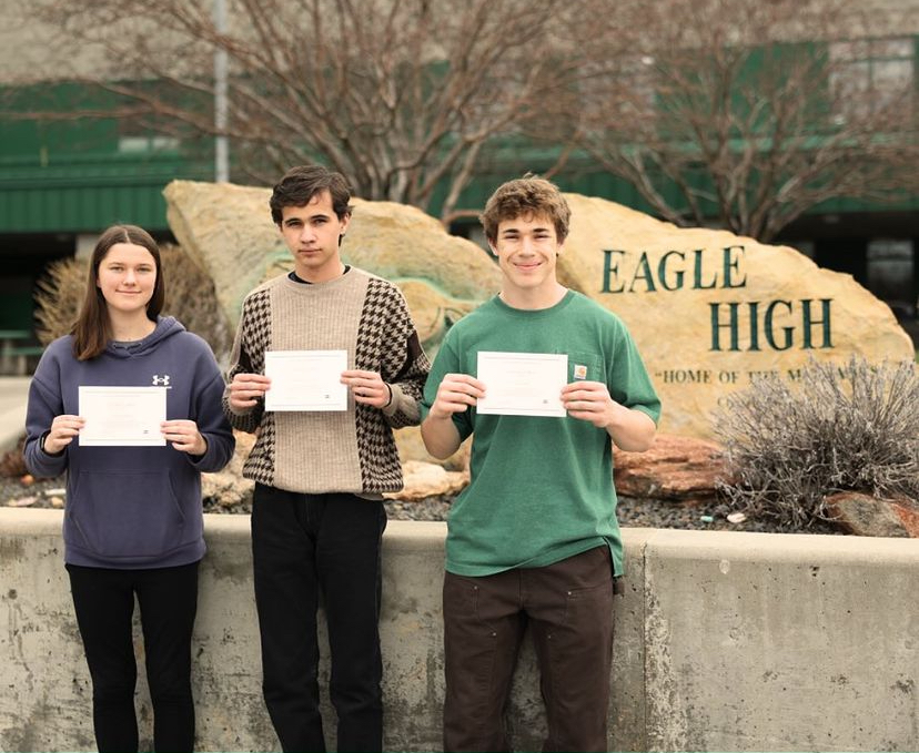 Three of our very own Eagle High seniors were chosen as finalists for the National Merit scholarship. (left to right) Annalise Demange, Nikita Didenko and Tristan Walker.  