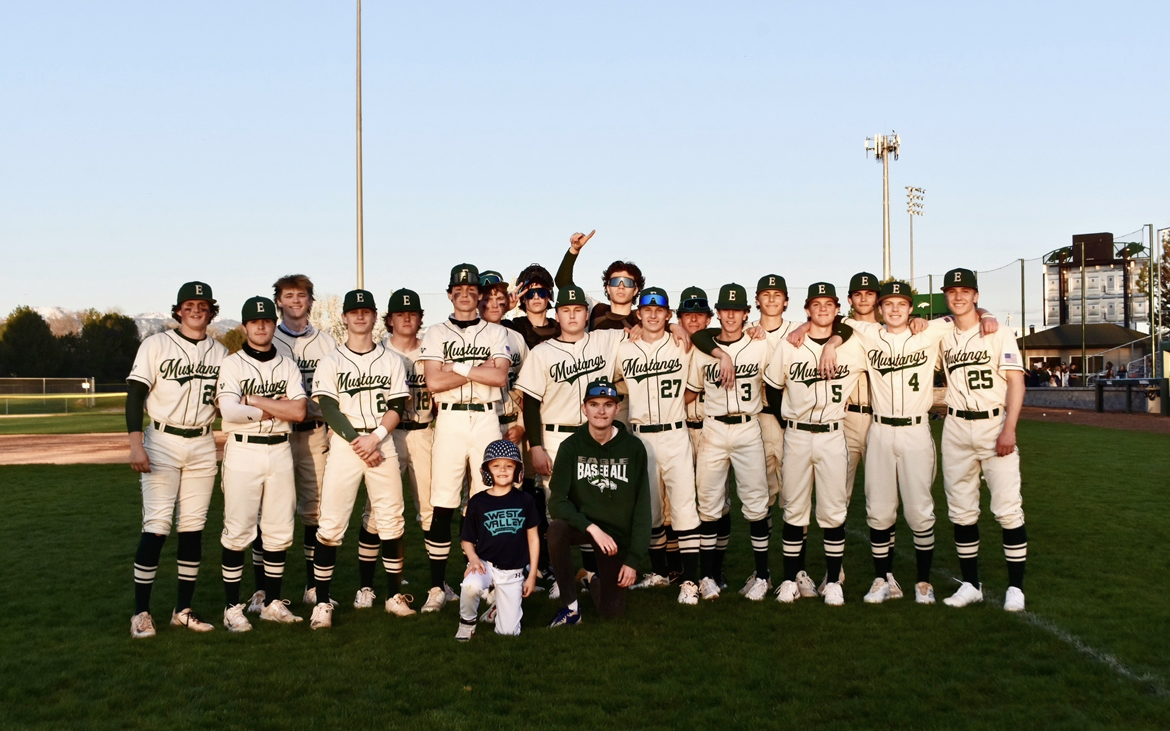 The Eagle High varsity baseball team takes a team photo after defeating Timberline High by a score of six to one. They played the game on April 15. 