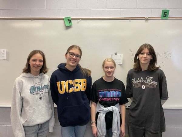 Juniors Megan Baired, Kate Kuehn, Secily Peterson and Kylee McKnight are active members of the knitting and crochet club. They stand to be photographed in teacher and advisor of the club Amy Dutchover’s classroom.  