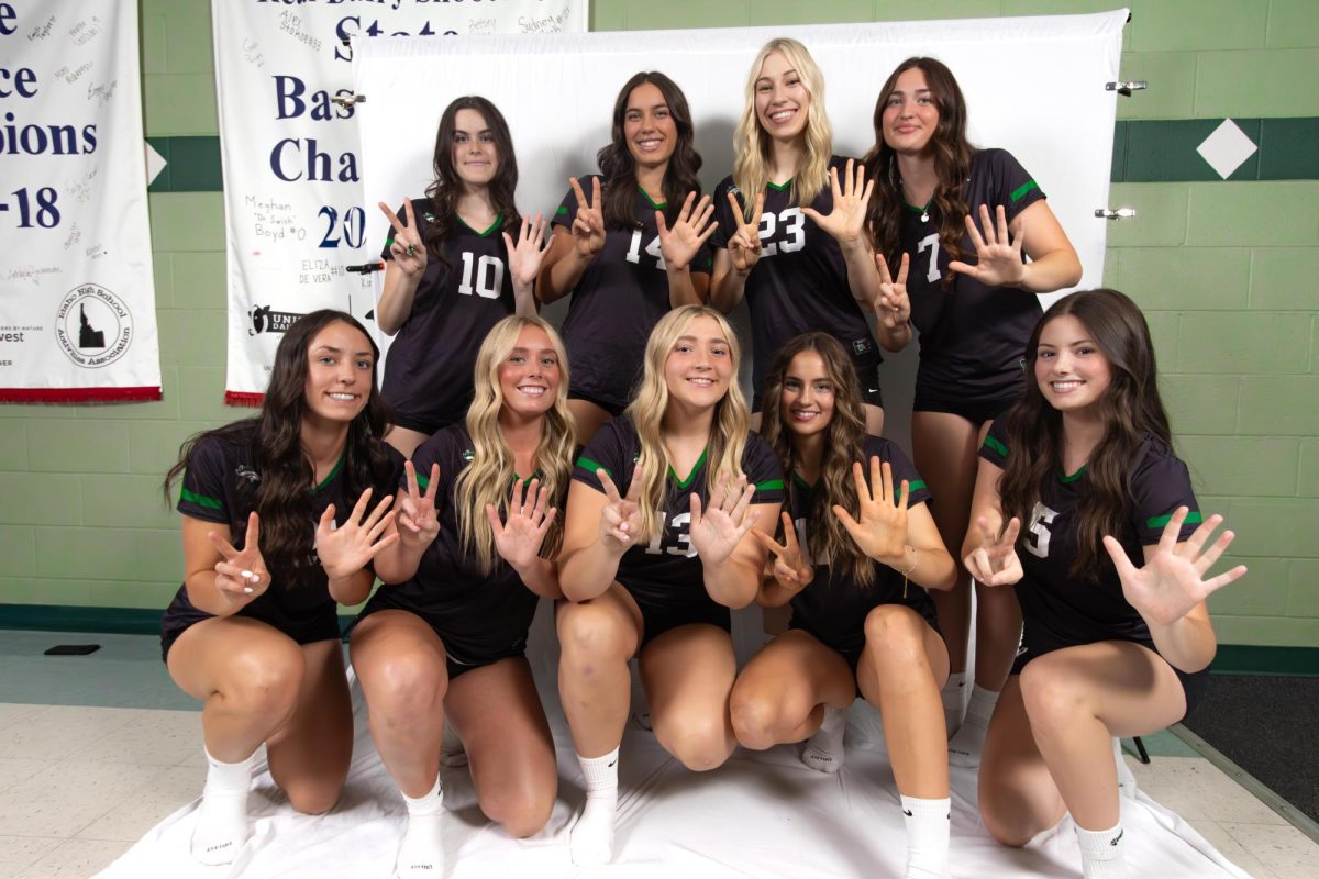 The varsity Eagle High volleyball team poses for a group photo on media day. These girls traveled to Idaho Falls to compete in the State Tournament where they played many other teams from all over Idaho. 