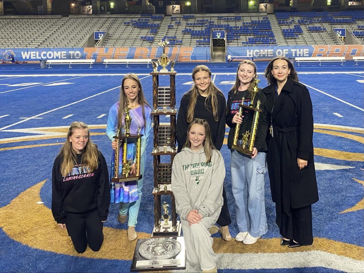 Eagle High won the traveling sweepstakes award at D3 this year. They also won four other awards in the small open category including first and percussion, first in music performance, first in overall small open auxiliary and first overall in the small open category. The color guard members are pictured above with their trophies. 