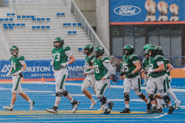 The Eagle High Varsity football offense, also known as “The Stampede”, takes the field in the state championship matchup on Saturday, Nov. 22. Eagle High fell short to the Rigby Trojans by a score of 21-40.