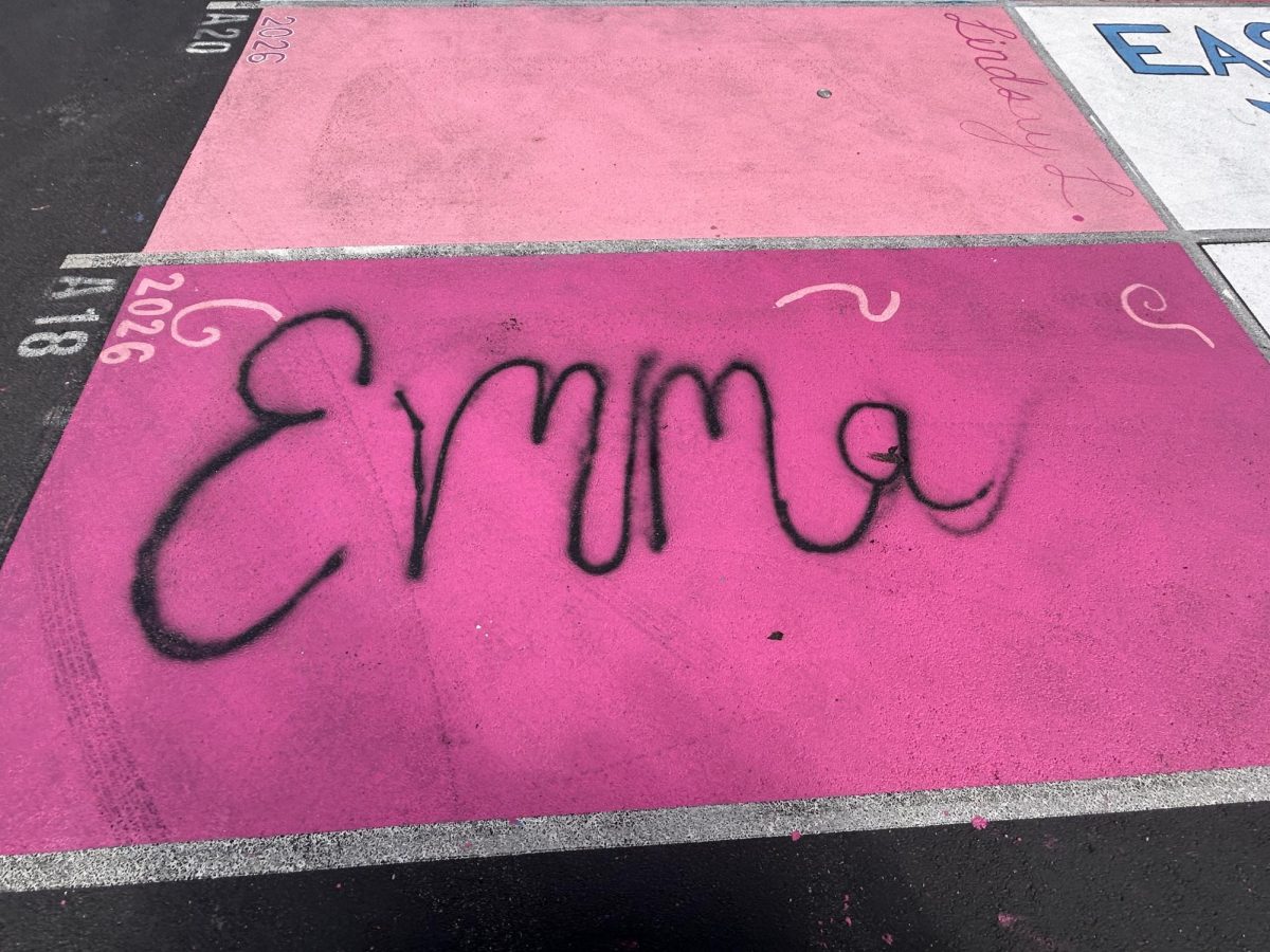 Senior Emma Hubinger’s senior parking spot for the 2025-2026 school year features a pink background with her name written in cursive across it. Hubinger’s parking spot is located close to the middle exit of the parking lot, a great place to beat the traffic. 