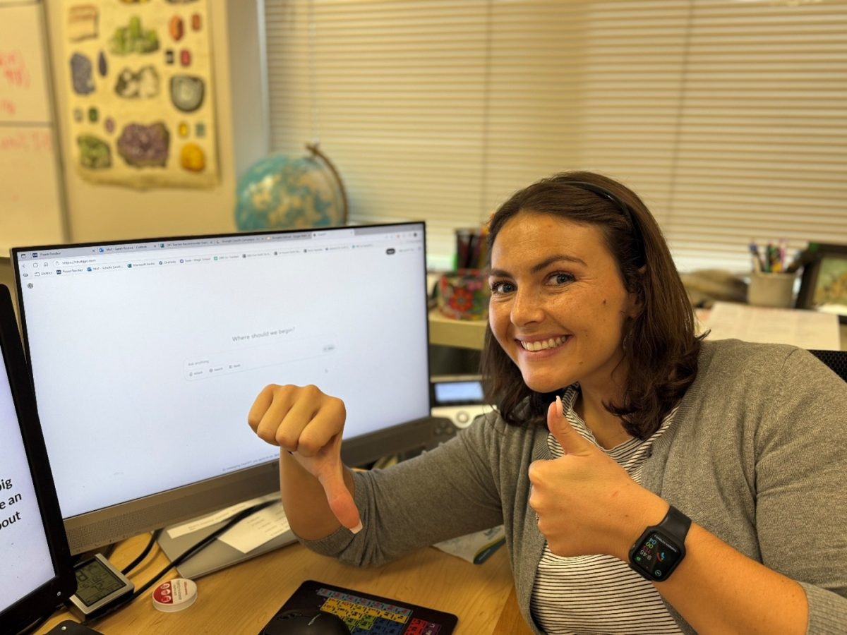 Teacher Sarah Richins gives her opinion on schools using AI. She believes that there are pros and cons of the topic.