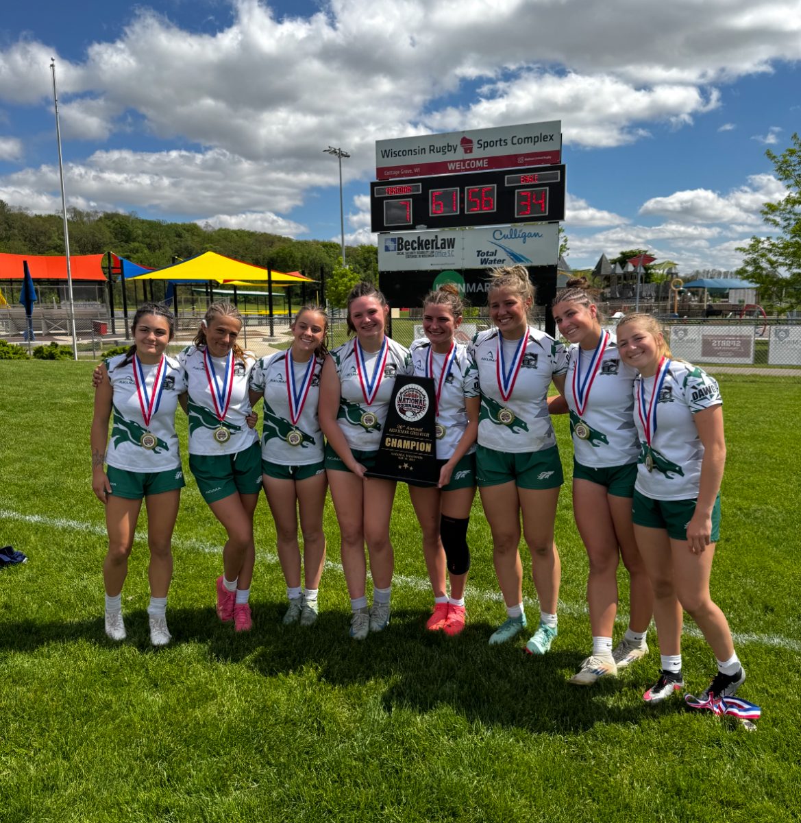 The Eagle High girl’s rugby team poses for a photo after competing in a tournament located in Salt Lake City, Utah. The Lady Mustangs placed 3rd in the U18 division.