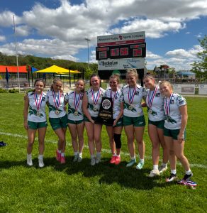 The Eagle High girl’s rugby team poses for a photo after competing in a tournament located in Salt Lake City, Utah. The Lady Mustangs placed 3rd in the U18 division.
