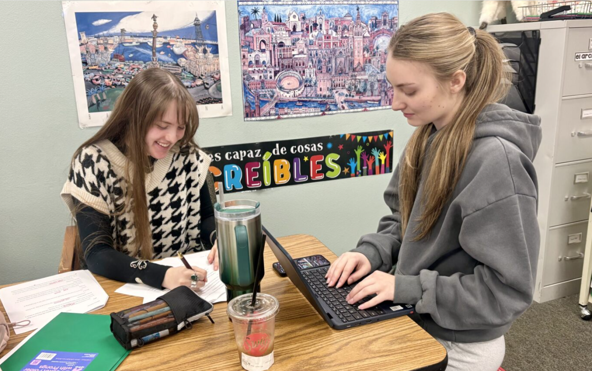 Senior Mallory Halloran is one of the copy editor team leaders for “The Stampede Newspaper”. She is busy editing and writing articles during class. Senior Sophie Swanson is one of the design team leaders and she uses class time to write her article as well as make edits on the newspaper’s website.  
