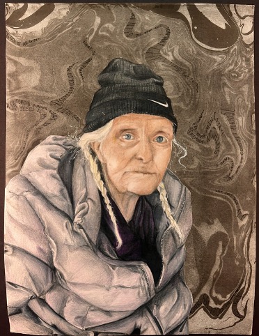 Senior Jayden Butlin created a watercolor painting of her great aunt. She used a Japanese technique in the background called Suminagashi. She likes using this technique to make texture appear in her artwork.