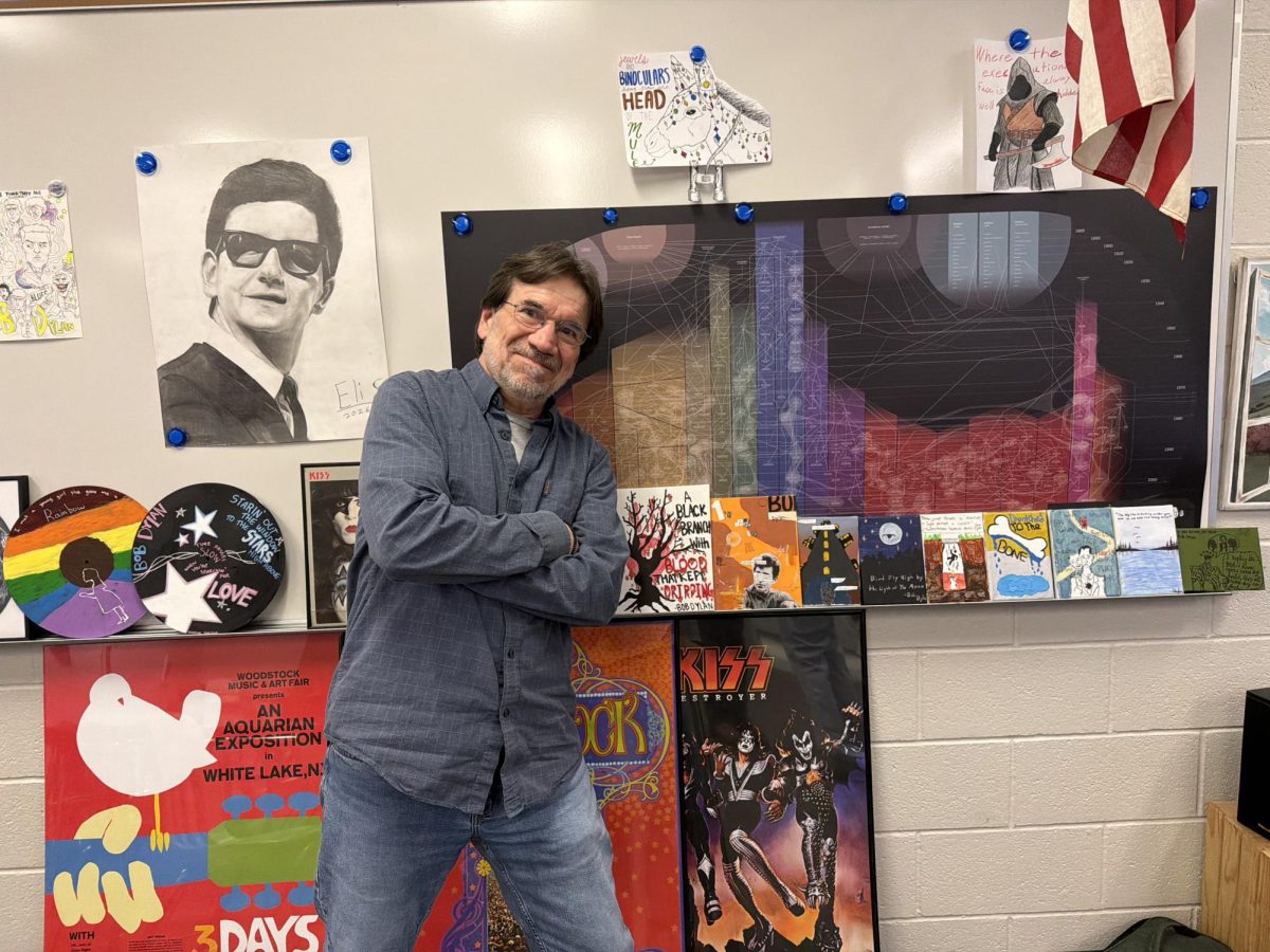 Teacher Mike Corbett shows his wall of art gifted to him from seniors over the years. Many seniors have fond memories of this history teacher’s class and reflect on how he has helped them prepare for their post high school careers.